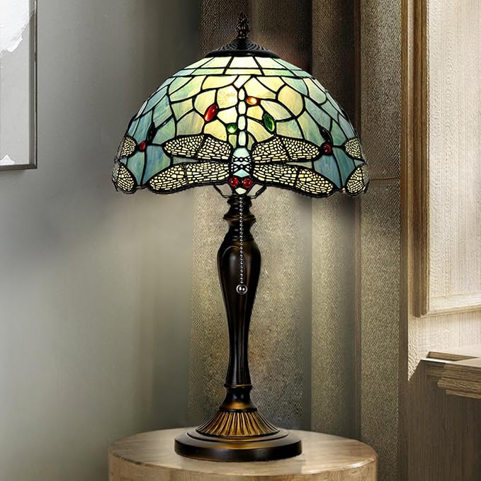 TL0023 Tiffany Style Dragonfly Table Lamp Stained Glass Blue Shade Reading Desk Light 12 X 20 Inches for Bedroom Living Room Home Office, Vintage Handcrafted Accent Décor, LED Blub Included