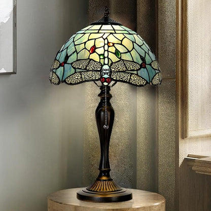 TL0023 Tiffany Style Dragonfly Table Lamp Stained Glass Blue Shade Reading Desk Light 12 X 20 Inches for Bedroom Living Room Home Office, Vintage Handcrafted Accent Décor, LED Blub Included