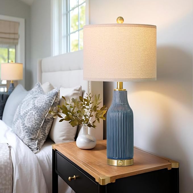 24.5" Modern 3-Way Dimmable Touch Control with USB A+C Ceramic Lamps Set of 2 Table Lamp for Living Room Bedroom Farmhouse Nightstand Bedside Blue