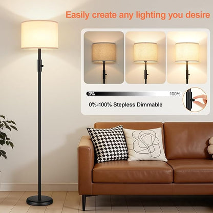 【Upgraded】 Dimmable Floor Lamp for Living Room, 1000 Lumens LED Bulb Included, Modern Floor Lamps Simple Design with Linen Shade, Tall Standing Lamp for Bedroom Office Dining Room, Black Pole Lamp