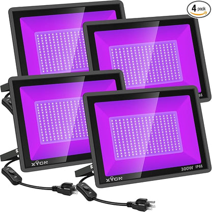 4 Pack 300W LED Flood Black Lights,395nm to 405nm UV Outdoor Flood High Power Blacklight Light with Plug in, IP66 Waterproof Large Black Light Spotlight for Glow Party Large Space, Halloween