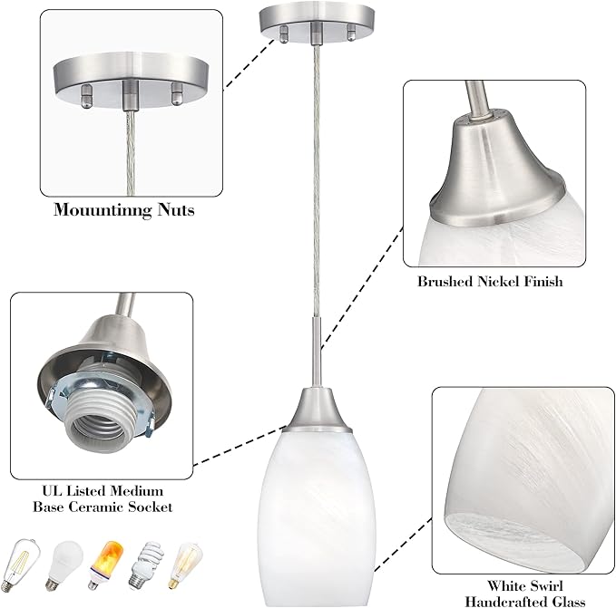 Mini Glass Pendant Light 4.72" White Swirl Pendant Lights 3-Pack Handblown White Art Oval Glass Hanging Pendant Light for Kitchen Island Dining Room Living Foyer Hallway Entry