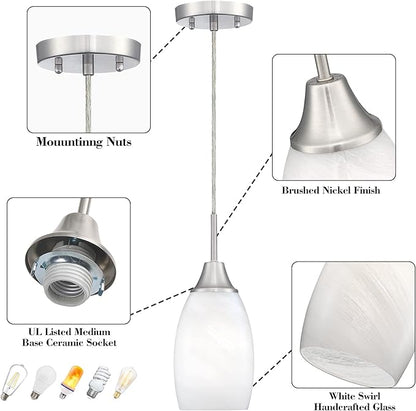 Mini Glass Pendant Light 4.72" White Swirl Pendant Lights 3-Pack Handblown White Art Oval Glass Hanging Pendant Light for Kitchen Island Dining Room Living Foyer Hallway Entry
