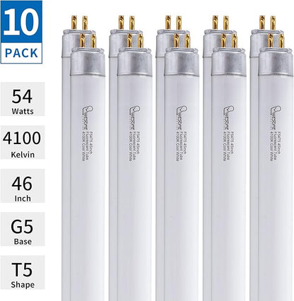 F54T5/841/HO Fluorescent Light Bulb, 46 Inch, T5 54 Watt Replacement Tube, 4100K Cool White, 4200 Lumens, High Output, G5 Bi-Pin Base, 4FT T5 Grow Light Bulbs - 10 Pack