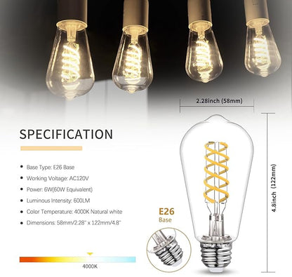 12 PCS Dimmable Vintage LED Edison Bulbs, 6W Equivalent 60 Watt, Natural White 4000K, Antique Flexible Spiral LED Filament Light Bulb, ST58 (ST19), 600 Lumens, E26 Base, Clear Plastic