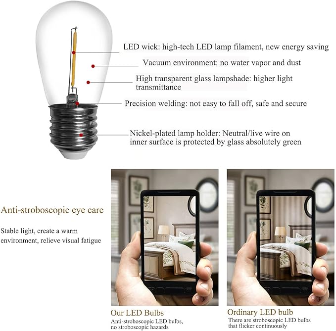 E26 S14 LED Outdoor String Light Bulb, 0.65W (7W Equivalent) Daylight White 6000K UL Listed CRI80, 120V, E26 Medium Base, Non-Dimmable, Shatterproof & Waterproof S14 String Light Bulb, Pack of 25