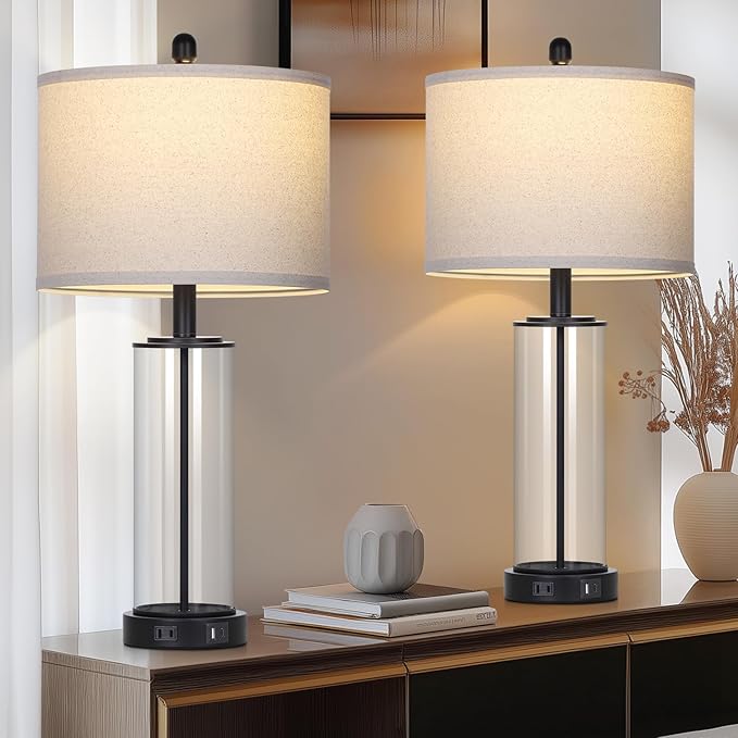 26" Black Glass Table Lamps Set of 2, 3-Way Dimmable Touch Control Living Room Lamp with USB C+A Ports & AC Outlet, Modern Bedside Lamps, Elegant Bedroom Lamps for Nightstand Side End Table Desk