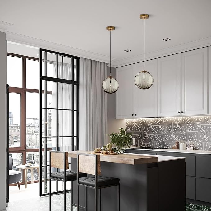 KCO Lighting Mid Century Modern Globe Pendant Light Smoke Mini Vintage Grey Glass Pendant Lighting 1-Light Single Globe Chandelier Farmhouse Kitchen Island Light Fixtures (Smoke Gray-7.9”)