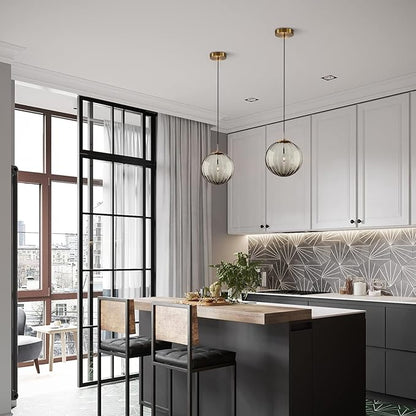 KCO Lighting Mid Century Modern Globe Pendant Light Smoke Mini Vintage Grey Glass Pendant Lighting 1-Light Single Globe Chandelier Farmhouse Kitchen Island Light Fixtures (Smoke Gray-7.9”)