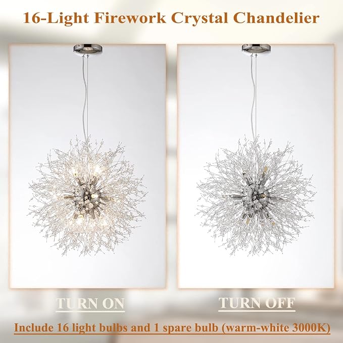 Fireworks Crystal Chandelier, 16-Light Modern Crystal Sputnik Chandeliers, 80W Chrome Dandelion Chandelier Light Fixtures for Living Room Bedroom Dining Room