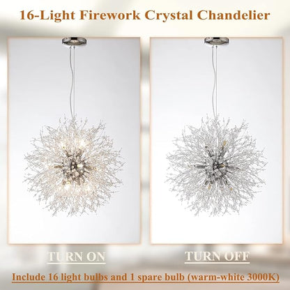 Fireworks Crystal Chandelier, 16-Light Modern Crystal Sputnik Chandeliers, 80W Chrome Dandelion Chandelier Light Fixtures for Living Room Bedroom Dining Room