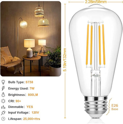Vintage LED Edison Bulbs 60 Watt Equivalent Dimmable 7W ST58 LED Filament Light Bulbs Warm White 3000K Antique Style Lighting High Brightness 800LM E26 Medium Base Clear Glass for Home Office, 12 Pack