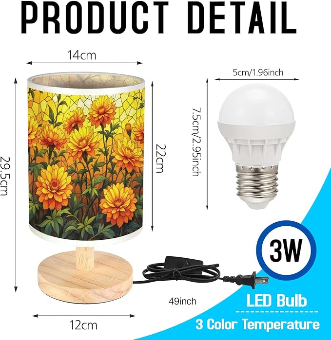 Marigold Table Lamp LED 3-Color Pressed Bedside, Marigold Shade Lamp with Wood Base for Bedroom Living Room Desk Office