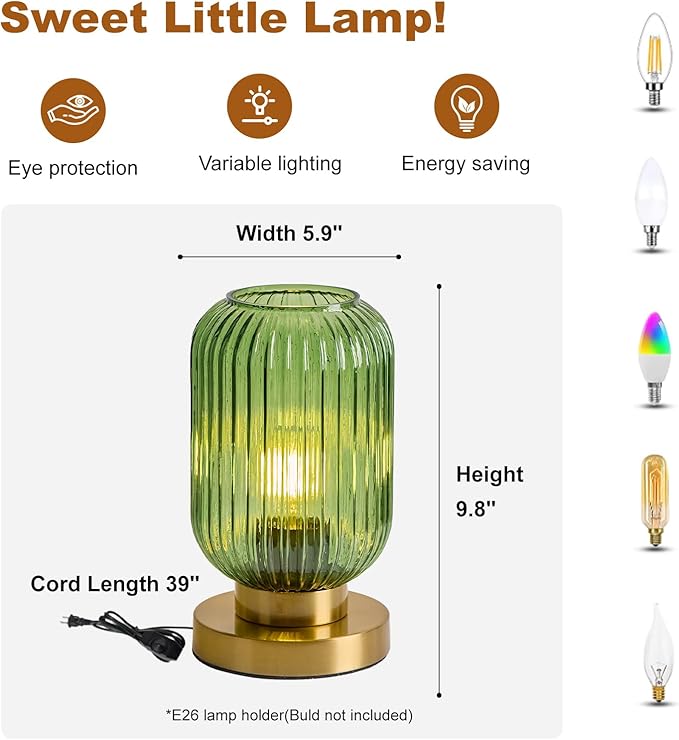 Bedside Table Lamp with Green Glass Shade, Small Nightlight Lamp Elegant Glass Nightstand Lamps Modern Desk Light with Plug-in Style for Bedroom Living Room Tabletop Dia5.9"x H9.8"