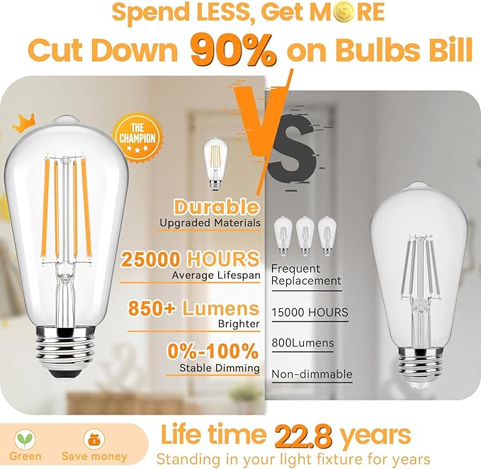 Brightever Dimmable Amber Light Bulbs 60 Watt Equivalent, 2200K Warm Light Vintage LED Edison Bulbs, 850LM, 90+CRI, 7W ST58 E26 LED Bulb, Clear Glass Antique Decorative Lights Bulb for Room, 6-Pack