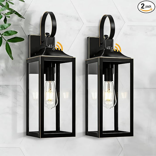 19" Dusk to Dawn Outdoor Lighting 2 Pack, Large Dusk to Dawn Outdoor Wall Lights, Black Sensor Porch Lights Outdoor Exterior Lighting Fixtures Wall Mount for House Garage -with Gold Trim