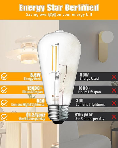 MASTERY MART 6 Pack Vintage Edison Bulbs, E26 Led Bulb 5.5W Equivalent to 60W, Dimmable, 2700K Soft White, High Brightness Antique ST19, Clear Glass