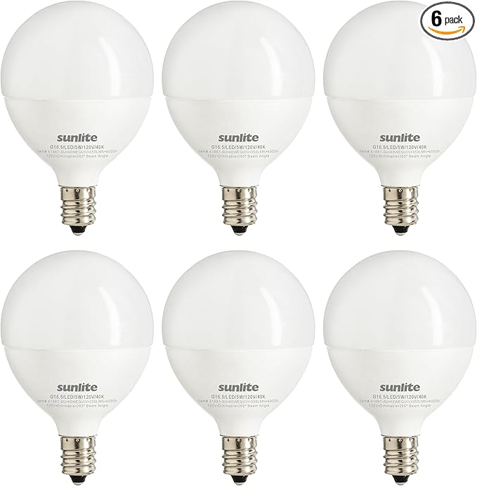 Sunlite G16.5 Light Bulb LED, 5W (40W Equiv.), 350 Lumens, Dimmable, Type G Globe Shape E12 Candelabra Base, Short Bulbs, Vanity Mirror Bulbs, 4000K Cool White, Frosted, 6 Count