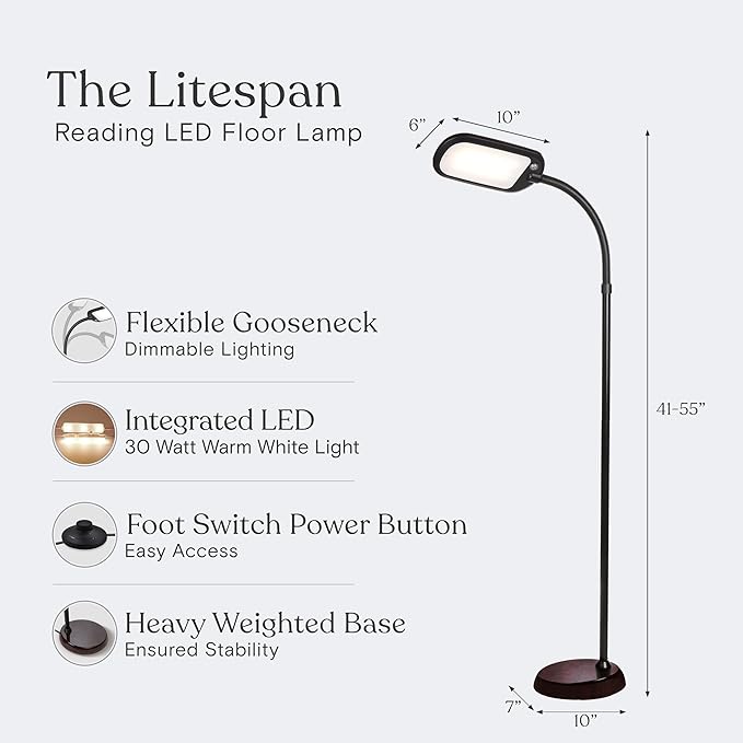 Brightech Litespan Slim LED Floor Reading Lamp - Modern Tall Lamp with Adjustable Gooseneck for Living Rooms & Offices - Dimmable Crafts Work Light - Brown