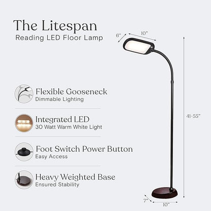 Brightech Litespan Slim LED Floor Reading Lamp - Modern Tall Lamp with Adjustable Gooseneck for Living Rooms & Offices - Dimmable Crafts Work Light - Brown