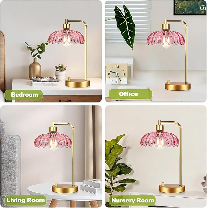 Pink Table Lamp Set of 2,Small Gold Bedside Lamps Dimmable Boho Bedroom Lamp with Flower Glass Lamp Shade,Vintage Mid Century Modern Mini Nightstand Lamp for Girls Kids Bedroom Living Room