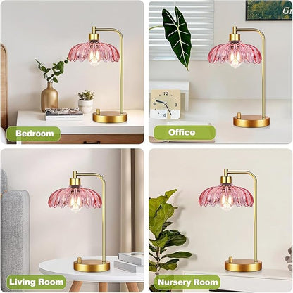 Pink Table Lamp Set of 2,Small Gold Bedside Lamps Dimmable Boho Bedroom Lamp with Flower Glass Lamp Shade,Vintage Mid Century Modern Mini Nightstand Lamp for Girls Kids Bedroom Living Room