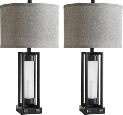RORIANO Set of 2 Modern Table Lamps for Living Room with USB C+A Ports, Rustic Nightstand Lamp with White Night Light, Retro Desk Lamp for Bedroom End Table Entryway, 4 Bulb Included (Black)