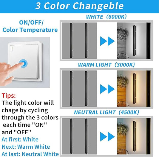 Mikeru 2 Pack 71inch Modern Outdoor Wall Sconce, 3000K/4500K/6000K 3 Color Temperature LED Exterior Light Fixtures, Modern Long Porch Lights Wall Sconce for Garage, Doorway, Porch, Patio