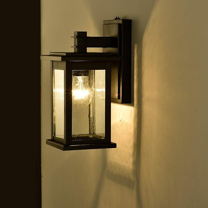 MICSIU Dusk to Dawn Sensor Outdoor Lighting Fixture, Textured Black Exterior Wall Sconce with Clear Seedy Glass, 12.25 Inch Outside Wall Lights for House,Garage, Patio, Doorway, Pathway, Balcony