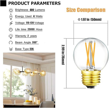 Leools Dimmable g16.5 led Bulb 40W g16 1/2 led Edison Bulb 2700K 4W e26 led Globe Bulb for Ceiling Fan,Chandelier,Vanity Light Bulb AC120V G50 400lm 6Pack