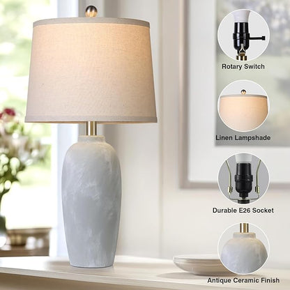 25“ Jar Table Lamps Set of 2, Ceramic Bedside Lamps for Bedroom, Grey Farmhouse Nightstand Lamps for Living Room