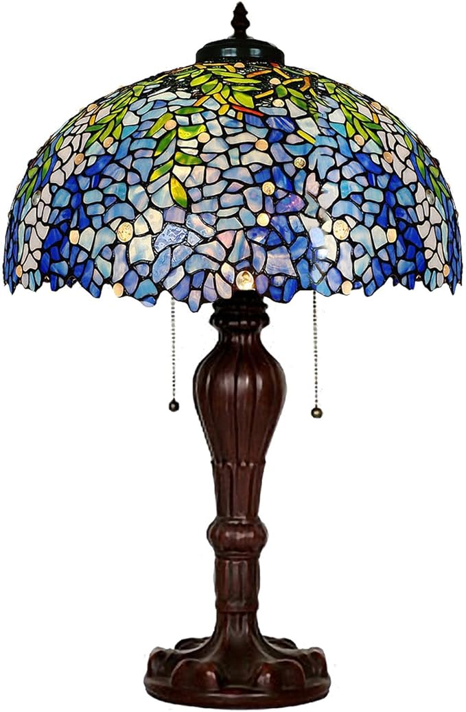 MAGCOLOR Table Lamps, Tiffany Style Stained Glass Purple Wisteria Table Lamp with 16 inches Handmade Lampshade and Brown Round Lamp Base Made of Zinc Alloy,Suitable for Decorating Room