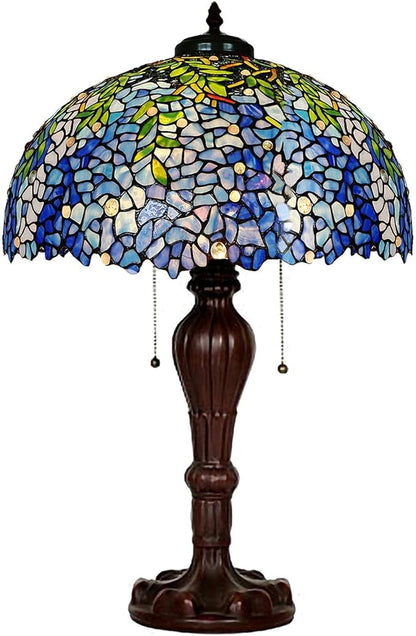 MAGCOLOR Table Lamps, Tiffany Style Stained Glass Purple Wisteria Table Lamp with 16 inches Handmade Lampshade and Brown Round Lamp Base Made of Zinc Alloy,Suitable for Decorating Room