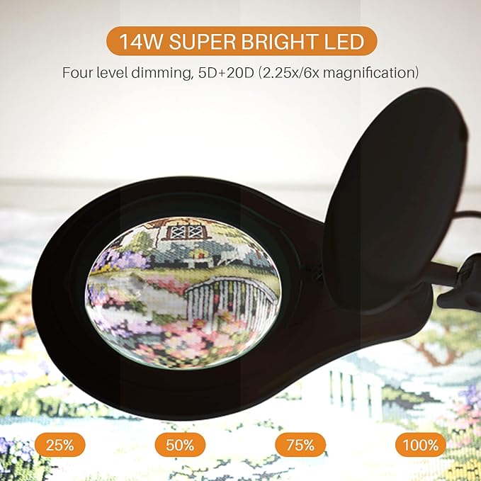 Bifocals LED Magnifying Lamp with Clamp, 5 Diopter with 20 Diopter, 5 Inch Magnifier Glass Lens, 1200 Lumens Dimmable Magnifier Lamp for Desk Craft Hobby with 60PCS Bright LEDs (Black)