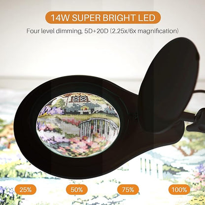 Bifocals LED Magnifying Lamp with Clamp, 5 Diopter with 20 Diopter, 5 Inch Magnifier Glass Lens, 1200 Lumens Dimmable Magnifier Lamp for Desk Craft Hobby with 60PCS Bright LEDs (Black)