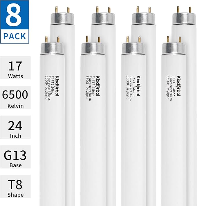 8 Pack 24 Inch F17T8/DL Fluorescent Light Bulb, T8 17 Watt, 6500K Daylight, T8 2FT Fluorescent Replacement Tube, G13 Medium Bi-Pin Base
