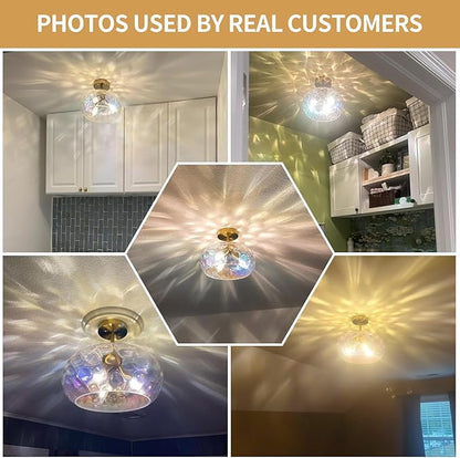 Vintage Glass Flush Mount Ceiling Light - 12 Inch Rainbow Hammered Glass Hallway Light fixtures Ceiling, Gold Semi Flush Mount Ceiling Light,Mid Century Light Fixture for Bedroom Entryway Kitchen