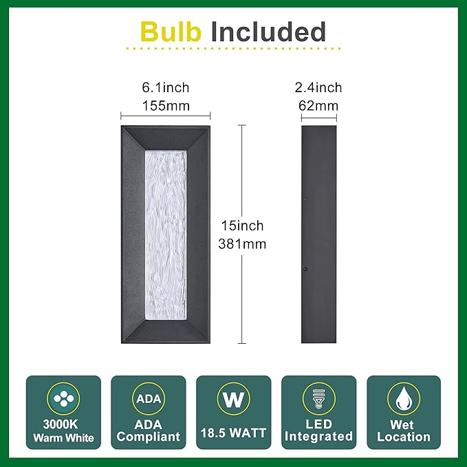 Modern 15in LED Outdoor or Indoor Wall Light with Cast Art Glass,Integrated LED 18.5W 3000K,IP65 Waterproof,Aluminum Extrusions in Textured Black,Wall Mount for Patio, Entryway, Garage
