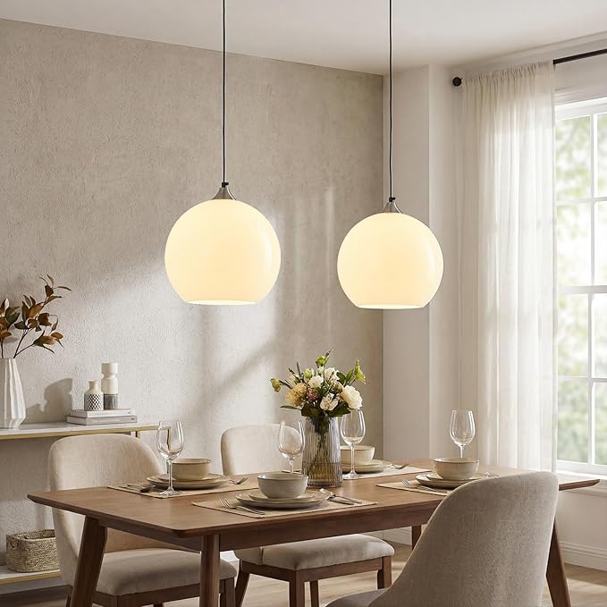 Milky Luster Glass Pendant Lights Kitchen Island Globe Pendant Light Fixtures Modern Pendant Lighting for Bedroom Living Dining Room Light Fixture (9.84 in, 3 Pack)