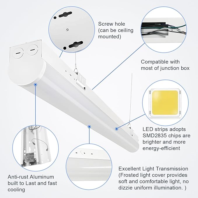4FT Tunable LED Strip Linear Lights, 24W/32W/40W Selectable Wattage & 3CCT 3500K/4000K/5000K, 0-10V Dimmable, 5200LM, AC100-277V Linkable LED Shop Light Fixture, DLC ETL Listed, (4 Pack)
