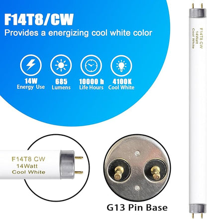 15 Inches T8 Fluorescent Light Bulb 4100K 14 Watt, F14T8/CW 14W Fluorescent Tube,14 Watts, G13 Medium Base, 650 Lumen, 6 Pack