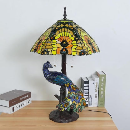 Large Tiffany Table Lamp 18" Wide Handmade Stained Glass Lamp Shade 3 Light Peacock Style Vintage Desk Light for Living Room Bedroom Bedside Reading Light,Peacock
