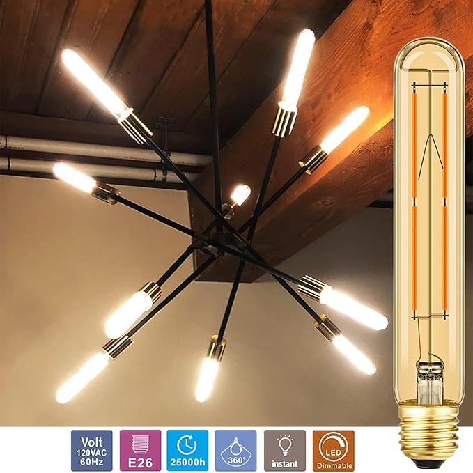 Leools Amber T10 LED Bulb 8W Equal E26 Edison Bulb 60 Watt AC120V Dimmable 7.3inch Tubular Light Bulb Warm White 2700K 600lm E26 LED Bulb for Rustic Pendant,Wall sconces E26 Light Bulbs 6Pack