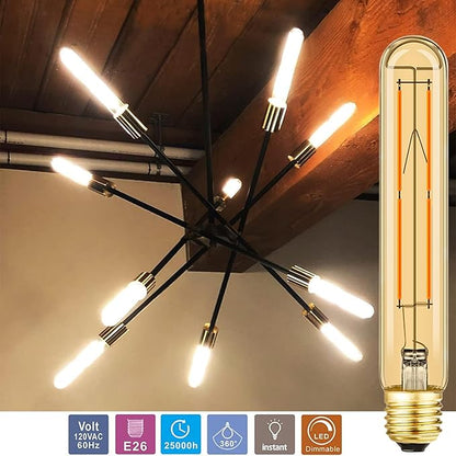 Leools Amber T10 LED Bulb 8W Equal E26 Edison Bulb 60 Watt AC120V Dimmable 7.3inch Tubular Light Bulb Warm White 2700K 600lm E26 LED Bulb for Rustic Pendant,Wall sconces E26 Light Bulbs 6Pack