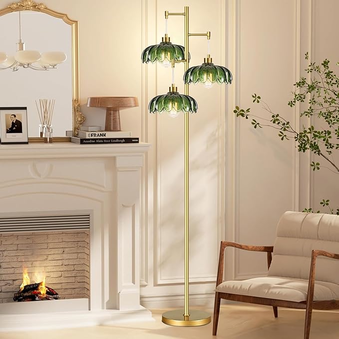 Glass Gold Floor Lamp for Living Room,Bedroom,Mid Century Modern Standing Lamp Brass Tree 3 Light Tall Floor Lamps Vintage Retro Floor Lights Green Flower Lamp Shade Farmhouse Boho Bohemian
