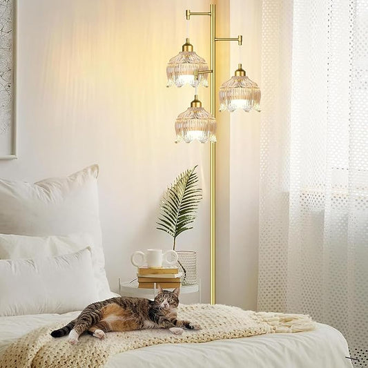 Gold Floor Lamp for Living Room,Bedroom,Mid Century Modern Standing Lamp Brass Tree 3 Light Tall Floor Lamps Vintage Retro Floor Lights Glass Amber Flower Lamp Shade Farmhouse Boho Bohemian