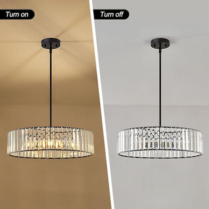 Modern Blcak Semi Flush Mount Ceiling Light, Crystal Dining Room Chandelier Light Fixture, 6-Light Drum Lighting Fixtures for Foyer Kitchen Living Room Bedroom (19.6 inch)