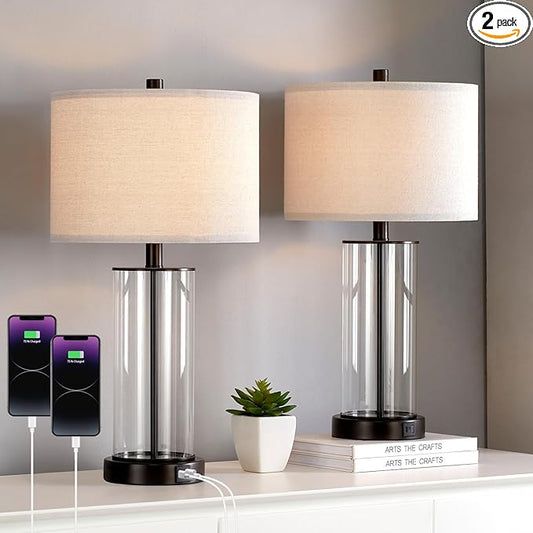 KAWOTI 23'' Clear Glass Table Lamp Set of 2 Bedroom Lamps with USB Ports and AC Outlet Living Room Nightstand Lamp Bulbs Included