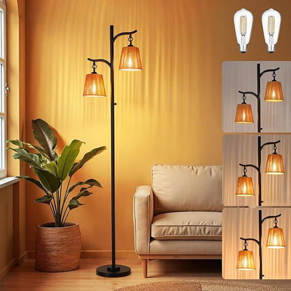 9MMML Rattan Floor Lamp for Living Room, Boho Floor Lamp with 2 Hanging Wicker Lamp Shade, 67'' Farmhouse Dimmable Black Standing Lamp with Rotary Switch for Bedroom, 2 x 800LM LED Bulbs Included
