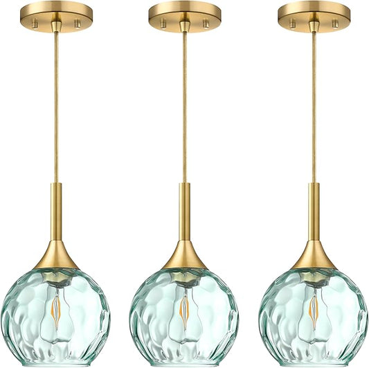 6.3" Hammer Green Glass Pendant Light 3 Pack Pendant Ceiling Light Fixture Gold Finish Modern Farmhouse Dinning Over Sink Adjustable Height Cord